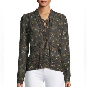 Zimmermann Black Floral & Lace V-Neck Tie Blouse Women's Size S